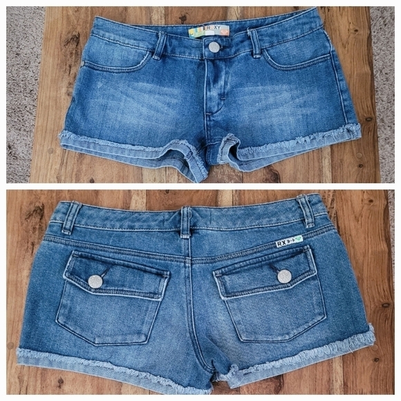 Roxy Low Rise Raw Hem Cuffed Denim Shorts - Picture 1 of 11